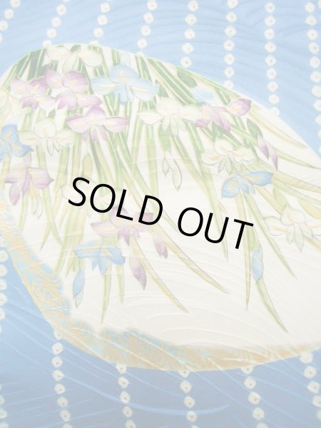 Photo9: Mint J0715O Used Japanese Shiny  Pale Blue KOMON dyed / Silk. Peony, Chiso/Takashimaya/Hand drawn Yuzen (Grade A) (9)