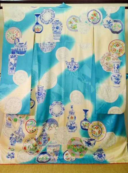 Photo1: J0715R Used Japanese Light  Pale Blue FURISODE long-sleeved / Silk. Flower  (Grade B) (1)