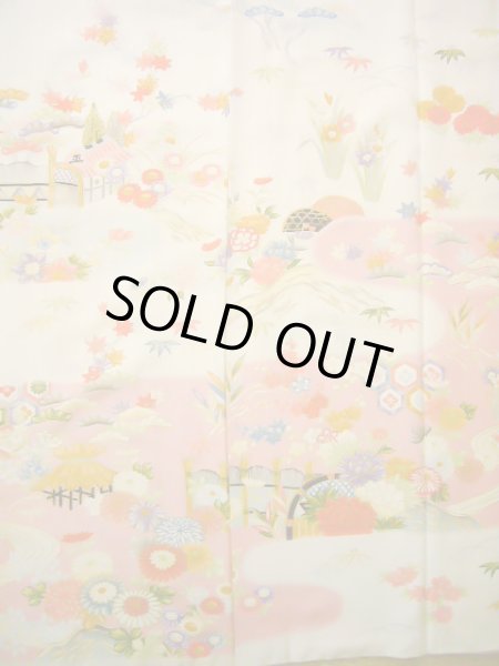 Photo6: J0715S Used Japanese Light  Off White FURISODE long-sleeved / Silk. Flower  (Grade B) (6)