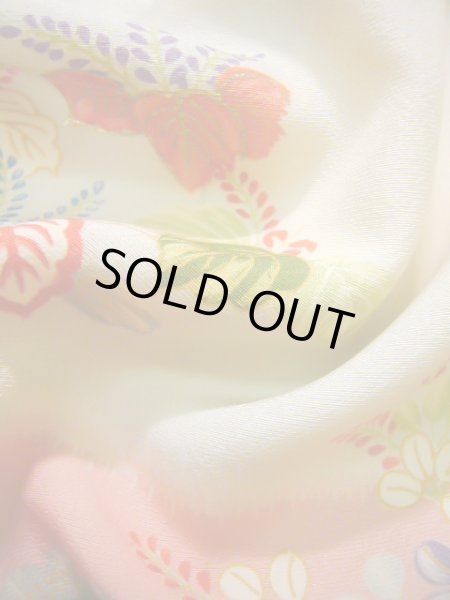 Photo14: J0715S Used Japanese Light  Off White FURISODE long-sleeved / Silk. Flower  (Grade B) (14)
