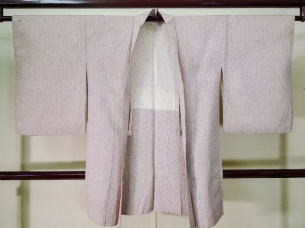 Photo1: J0808B Used Japanese Creamy  Red HAORI short jacket / Silk. Cross  (Grade C) (1)