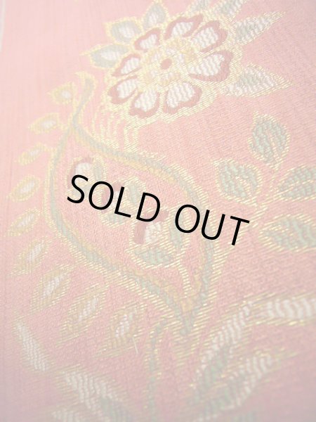 Photo9: Mint J0918J Vintage Japanese Kimono Pale  Coral FUKURO OBI sash Flower Silk.  (Grade A) (9)