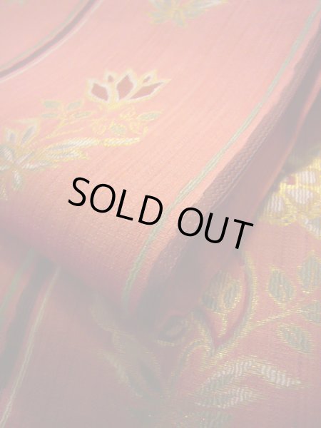 Photo13: Mint J0918J Vintage Japanese Kimono Pale  Coral FUKURO OBI sash Flower Silk.  (Grade A) (13)