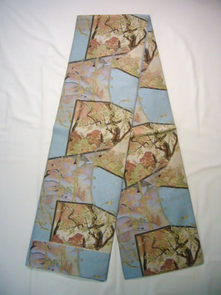 Photo1: Mint J0918M Vintage Japanese Kimono Smoky  Pale Blue FUKURO OBI sash UME plum bloom Silk.  (Grade A) (1)