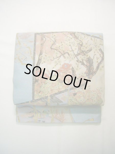 Photo2: Mint J0918M Vintage Japanese Kimono Smoky  Pale Blue FUKURO OBI sash UME plum bloom Silk.  (Grade A) (2)