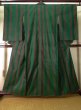 Photo1: J0926B Used Japanese Deep  Green TSUMUGI pongee / Silk. Stripes   (Grade C) (1)