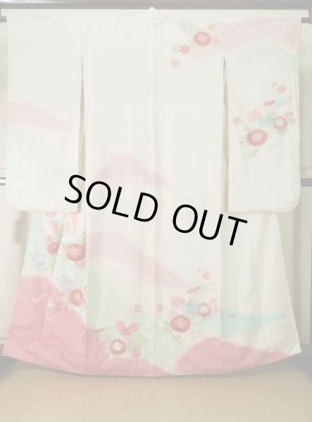 Photo1: J0926Y Used Japanese   Off White FURISODE long-sleeved / Silk. Chrysanthemum,   (Grade C) (1)