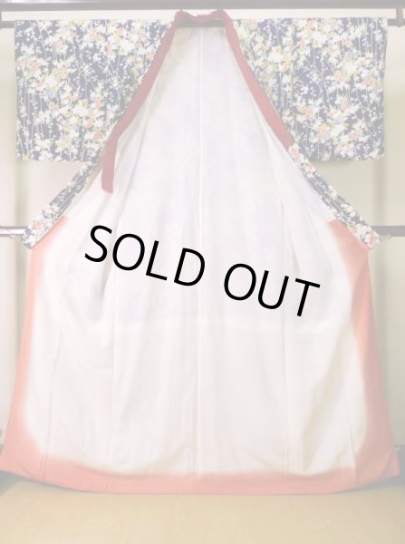 Photo2: J1014R Used Japanese Deep  Blue KOMON dyed / Silk. Flower,   (Grade B) (2)