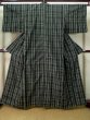 Photo1: J1023L Used Japanese   Black OSHIMA TSUMGI pongee / Silk. Plaid Checks   (Grade B) (1)