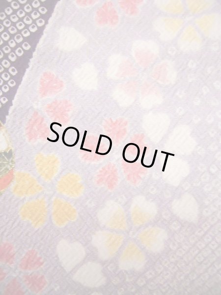 Photo4: J1104J Used Japanese Light Deep Wisteria Kids / Synthetic. Chrysanthemum, rabbitear iris, bell pattern  (Grade C) (4)