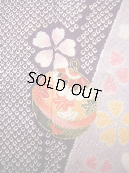 Photo5: J1104J Used Japanese Light Deep Wisteria Kids / Synthetic. Chrysanthemum, rabbitear iris, bell pattern  (Grade C) (5)