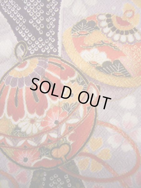 Photo6: J1104J Used Japanese Light Deep Wisteria Kids / Synthetic. Chrysanthemum, rabbitear iris, bell pattern  (Grade C) (6)