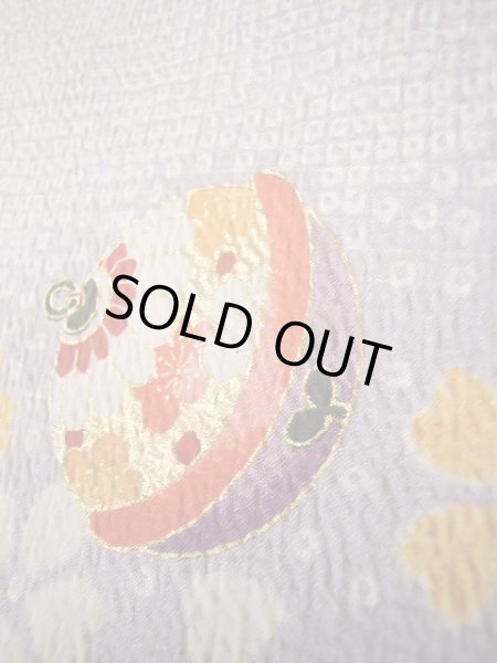 Photo17: J1104J Used Japanese Light Deep Wisteria Kids / Synthetic. Chrysanthemum, rabbitear iris, bell pattern  (Grade C) (17)