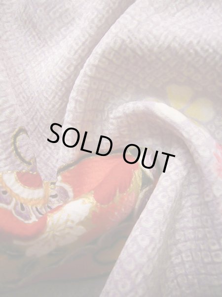 Photo18: J1104J Used Japanese Light Deep Wisteria Kids / Synthetic. Chrysanthemum, rabbitear iris, bell pattern  (Grade C) (18)