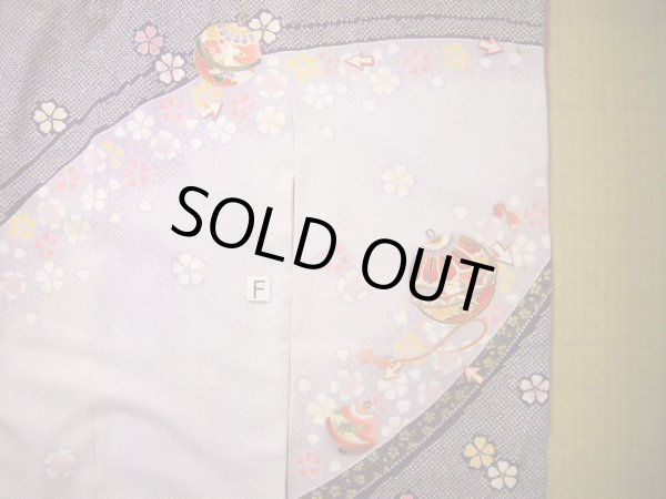 Photo26: J1104J Used Japanese Light Deep Wisteria Kids / Synthetic. Chrysanthemum, rabbitear iris, bell pattern  (Grade C) (26)