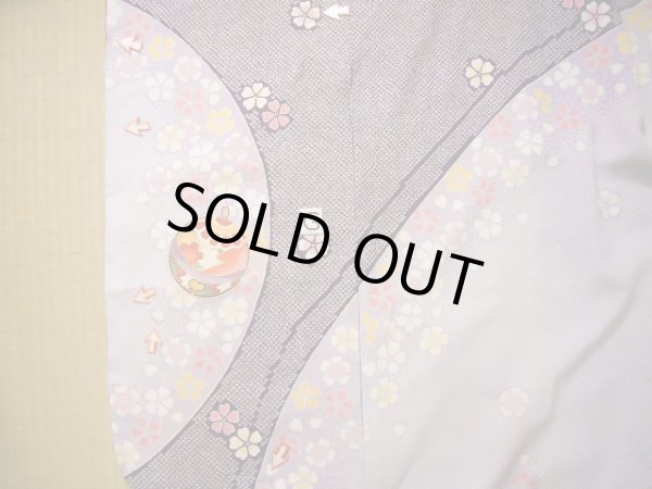 Photo27: J1104J Used Japanese Light Deep Wisteria Kids / Synthetic. Chrysanthemum, rabbitear iris, bell pattern  (Grade C) (27)