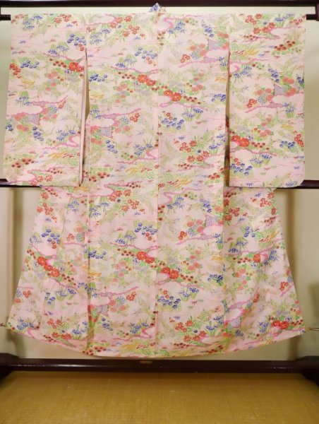 Photo1: J1104K Used Japanese Light Sweet Pink Kids / Silk. Flower, lily, fringed pink pattern  (Grade B) (1)