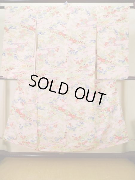 Photo1: J1104K Used Japanese Light Sweet Pink Kids / Silk. Flower, lily, fringed pink pattern  (Grade B) (1)