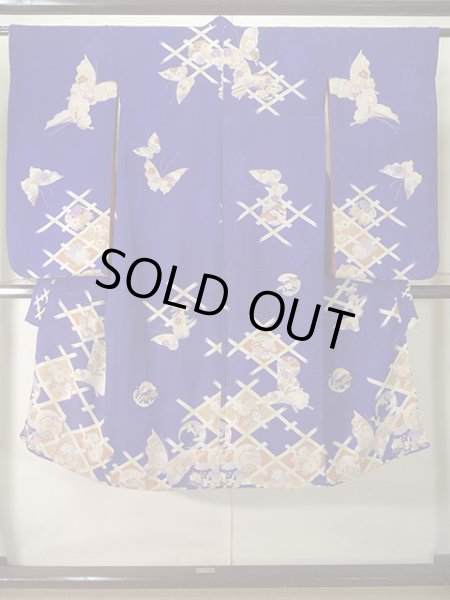 Photo1: J1111N Used Japanese Deep  Blue Kids / Silk. Chrysanthemum,   (Grade B) (1)