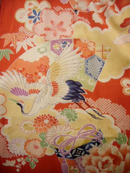 Photo3: J1111Q Used Japanese   Red Kids / Silk. Peony, Kaioke bucket for clamshells  (Grade A) (3)