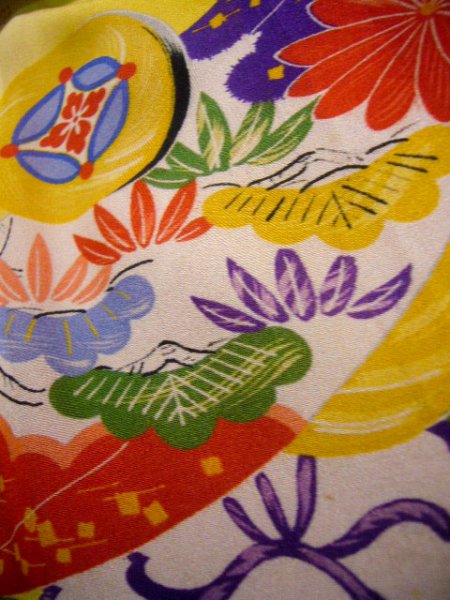 Photo15: J1111R Used Japanese Deep  Vermilion Kids / Silk. Peony, mallet, cup, rabbitear iris pattern  (Grade B) (15)