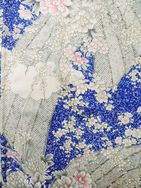 Photo7: Mint J1223A Used Japanese   Blue FURISODE long-sleeved / Silk. Flower,   (Grade A) (7)
