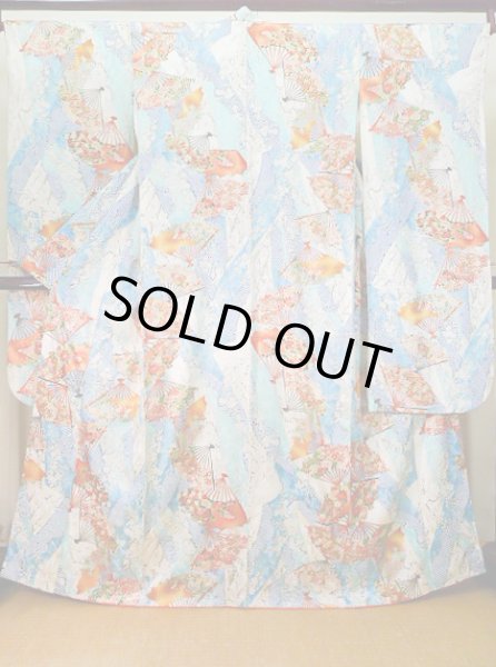 Photo1: Mint J1223B Used Japanese Pale Light Blue FURISODE long-sleeved / Silk. Flower,   (Grade A) (1)