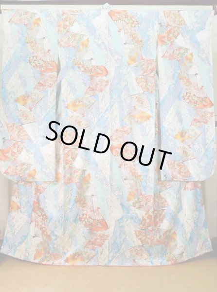 Photo2: Mint J1223B Used Japanese Pale Light Blue FURISODE long-sleeved / Silk. Flower,   (Grade A) (2)