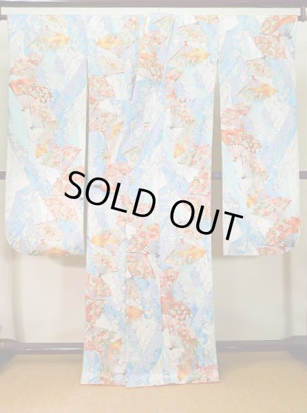 Photo3: Mint J1223B Used Japanese Pale Light Blue FURISODE long-sleeved / Silk. Flower,   (Grade A) (3)