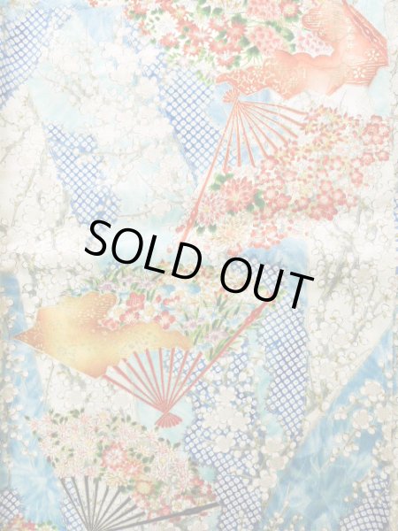 Photo5: Mint J1223B Used Japanese Pale Light Blue FURISODE long-sleeved / Silk. Flower,   (Grade A) (5)