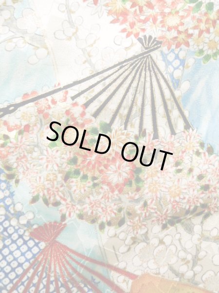 Photo9: Mint J1223B Used Japanese Pale Light Blue FURISODE long-sleeved / Silk. Flower,   (Grade A) (9)