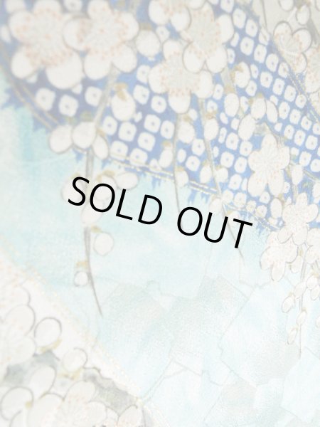 Photo17: Mint J1223B Used Japanese Pale Light Blue FURISODE long-sleeved / Silk. Flower,   (Grade A) (17)