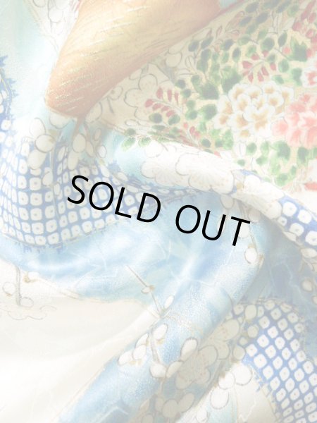 Photo18: Mint J1223B Used Japanese Pale Light Blue FURISODE long-sleeved / Silk. Flower,   (Grade A) (18)