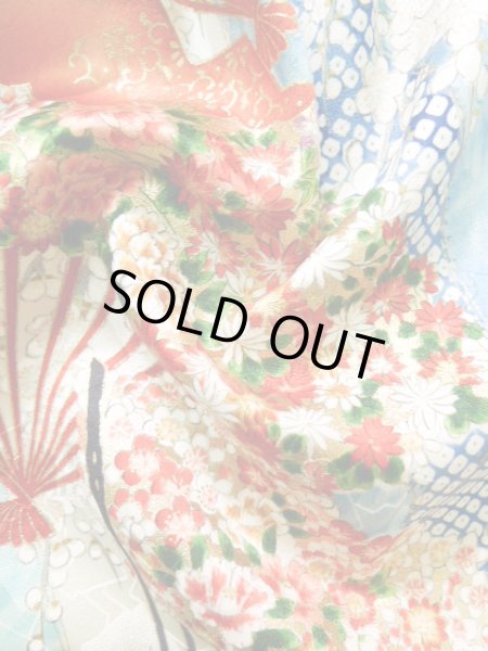 Photo19: Mint J1223B Used Japanese Pale Light Blue FURISODE long-sleeved / Silk. Flower,   (Grade A) (19)
