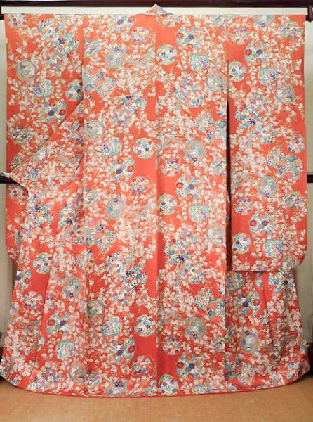 Photo1: J1223C Used Japanese   Orange FURISODE long-sleeved / Silk. Peony,   (Grade B) (1)