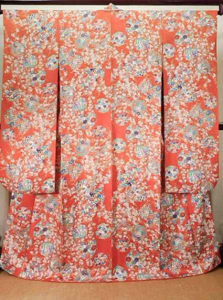 Photo2: J1223C Used Japanese   Orange FURISODE long-sleeved / Silk. Peony,   (Grade B) (2)