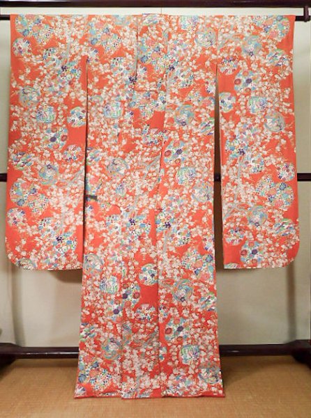 Photo3: J1223C Used Japanese   Orange FURISODE long-sleeved / Silk. Peony,   (Grade B) (3)