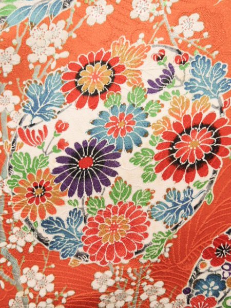 Photo10: J1223C Used Japanese   Orange FURISODE long-sleeved / Silk. Peony,   (Grade B) (10)