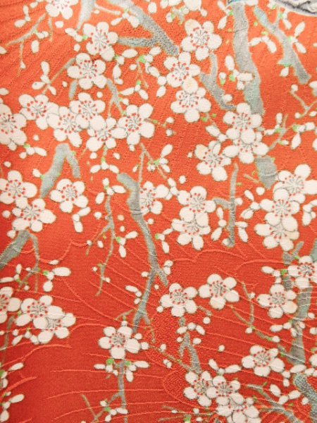 Photo11: J1223C Used Japanese   Orange FURISODE long-sleeved / Silk. Peony,   (Grade B) (11)