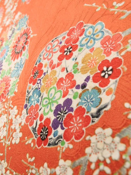Photo12: J1223C Used Japanese   Orange FURISODE long-sleeved / Silk. Peony,   (Grade B) (12)