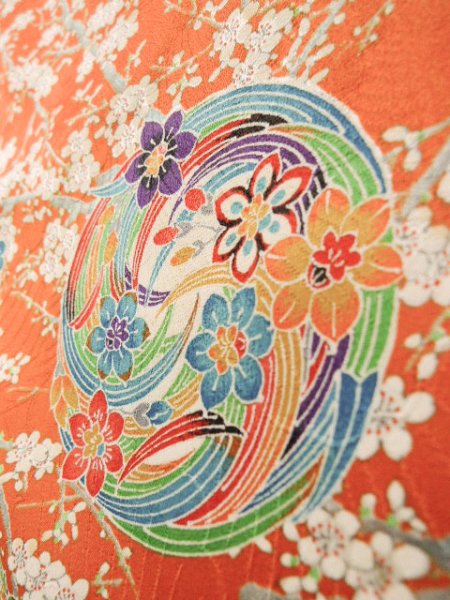 Photo13: J1223C Used Japanese   Orange FURISODE long-sleeved / Silk. Peony,   (Grade B) (13)