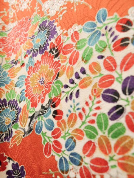 Photo14: J1223C Used Japanese   Orange FURISODE long-sleeved / Silk. Peony,   (Grade B) (14)
