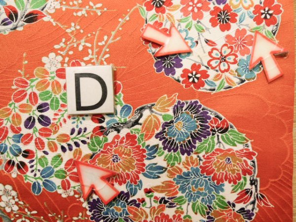 Photo23: J1223C Used Japanese   Orange FURISODE long-sleeved / Silk. Peony,   (Grade B) (23)