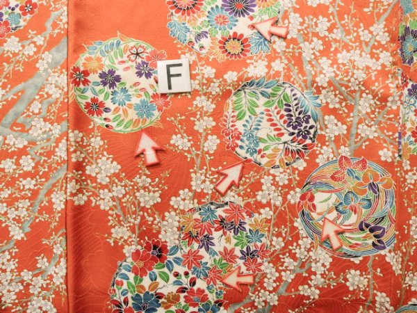 Photo25: J1223C Used Japanese   Orange FURISODE long-sleeved / Silk. Peony,   (Grade B) (25)
