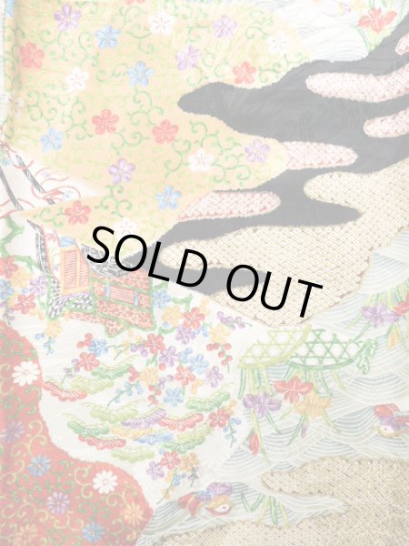 Photo1: Mint J1223D Used Japanese   Black FURISODE long-sleeved / Silk. UME plum bloom,   (Grade A) (1)
