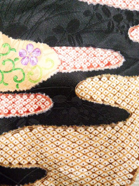 Photo9: Mint J1223D Used Japanese   Black FURISODE long-sleeved / Silk. UME plum bloom,   (Grade A) (9)