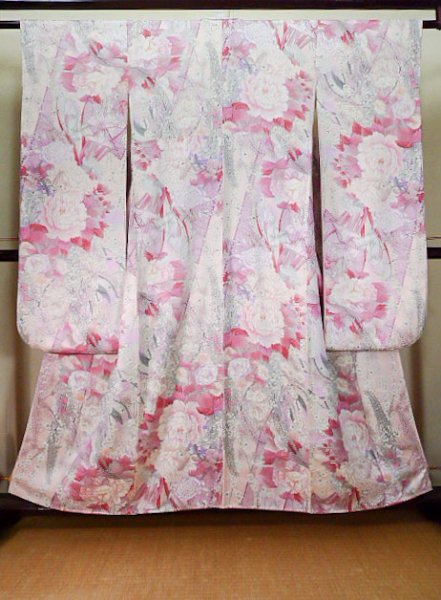 Photo1: J1223E Used Japanese Pale Light Pink FURISODE long-sleeved / Silk. Peony, lily pattern  (Grade B) (1)