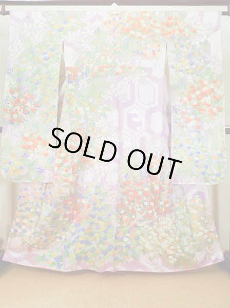 Photo2: J1223I Used Japanese Light  Wisteria FURISODE long-sleeved / Silk. Flower,   (Grade A) (2)