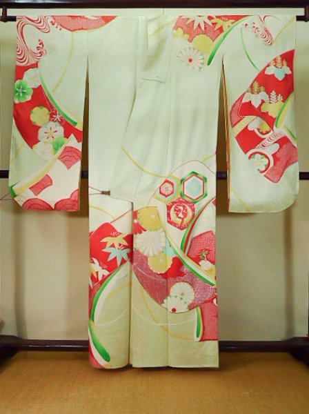 Photo3: J1223K Used Japanese Pale Light Pale Blue FURISODE long-sleeved / Silk. Peony, sleeve pattern  (Grade C) (3)