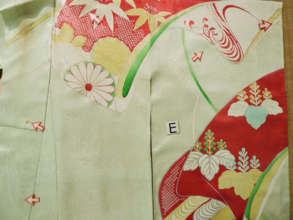 Photo23: J1223K Used Japanese Pale Light Pale Blue FURISODE long-sleeved / Silk. Peony, sleeve pattern  (Grade C) (23)